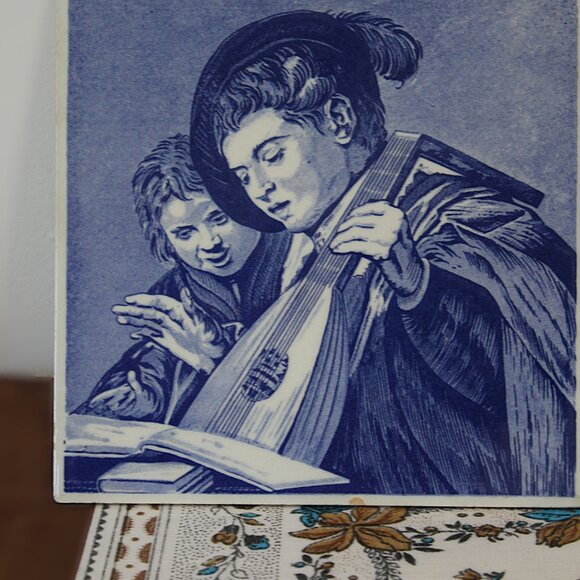Vintage Delft Blue Wall Tiles – Dutch Scene & Musical Boys – Pair of 2 – 6"x6" - Picture 3 of 7